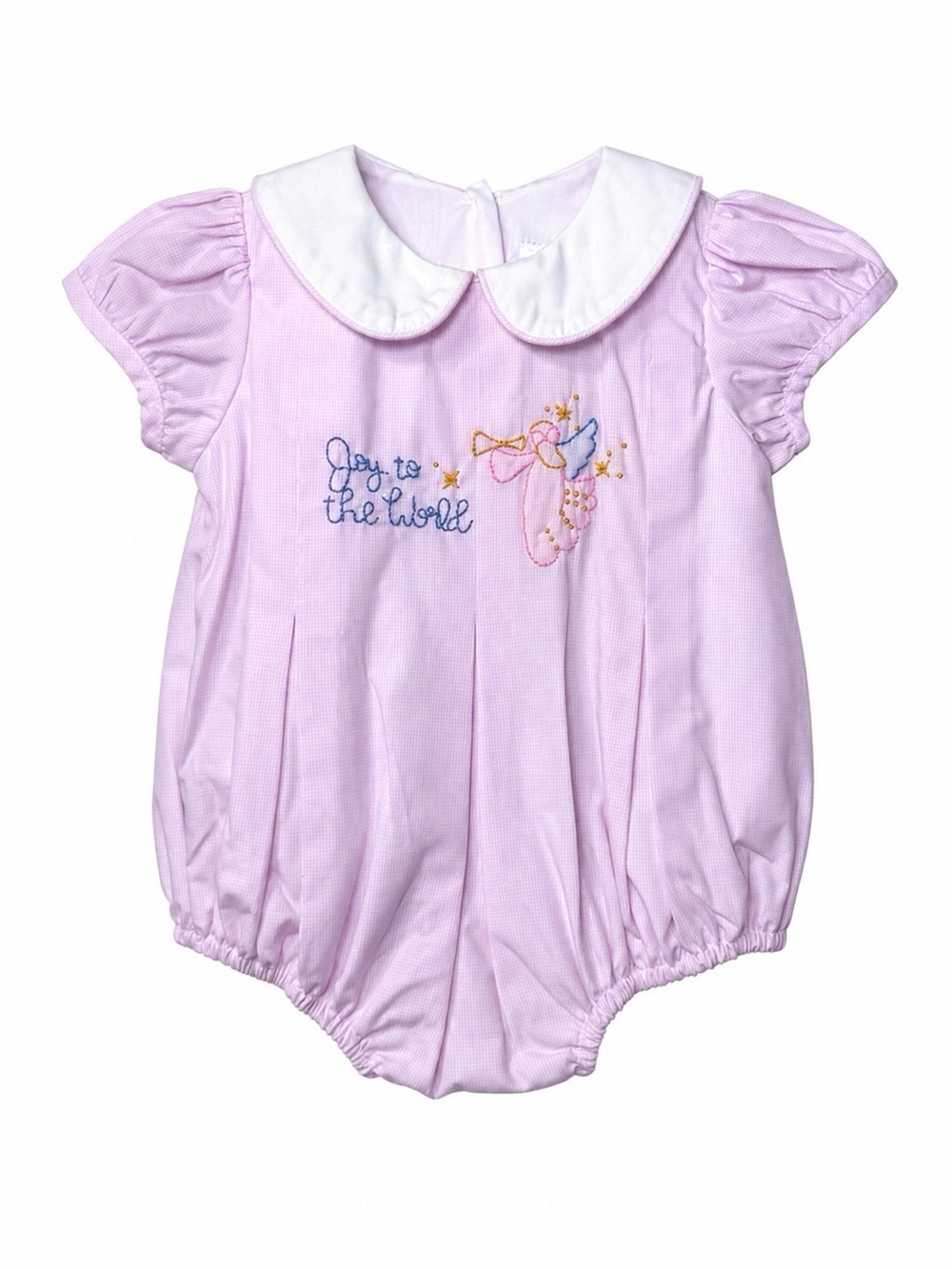 Stitchy Fish Pink Bubble Romper Baby Girl Joy to the World Angel Embroidered 3M